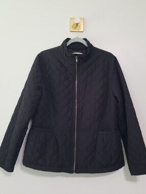 Talbots Quilted Jacket Women Large Black Pockets Full Zip Pleated Peplum Back